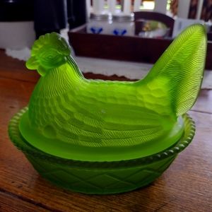 Vintage frosted glass hen on nest